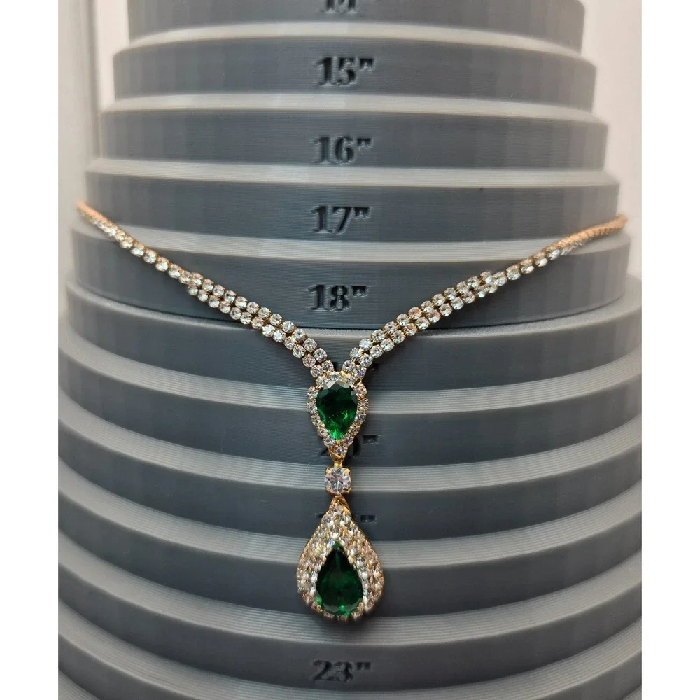 Emerald Green Teardrop‎ Rhinestone Necklace Gold Prom Bridal Pageant Formal Glam